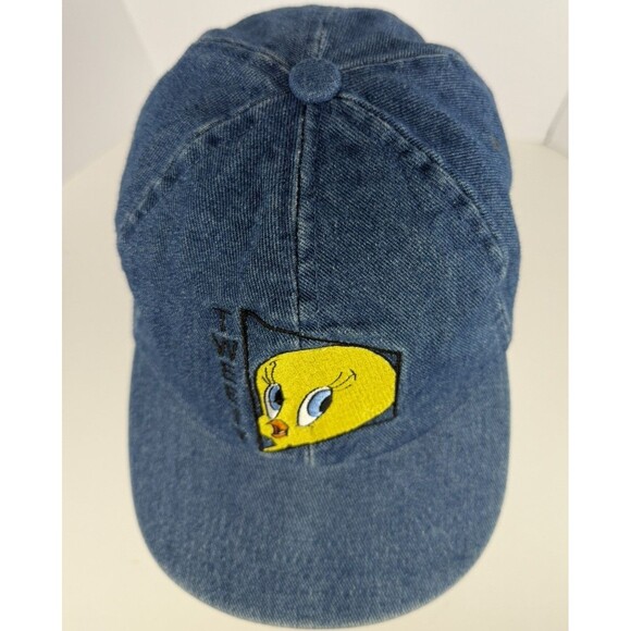 Vintage Tweety Bird Cap 90s Denim Hat Looney Tunes 100% Cotton Stretch Back - Picture 3 of 10